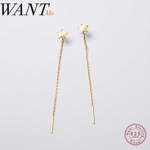 Charm WantMe Real 925 Sterling Silver Long Ear Line Golden Sweet Star Chain Drop Earrings For Fashion Women Party Jewelry Accessories Z0323