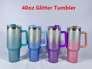 40oz Glitter Tumbler with Handle Stainless Steel big capacity Beer Mug Insulated Travel Mug Keep Drinks Cold sparkly Travel Coffee Mug Grandient Shimmer Tumbler