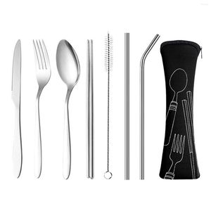 Conjuntos de utensílios de jantar 7pcs palha de palha reutilizável com talheres de bolsa de armazenamento conjunto de aço inoxidável utensílios práticos de escritórios portáteis da escola