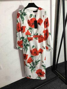 Mulheres Vestidos Big Red Floral Imprimir Crewneck Bunching Cintura Vestido Voltar Zipper Aberto Hemline Slit Manga Longa Slim Maxiskit Womens Designer Roupas