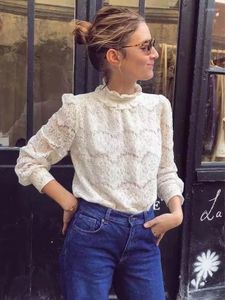 Blusas femininas chicheca hollow out white lace office lady camisa vintage