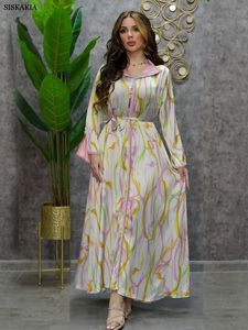 Ethnische Kleidung Frauen Abaya Muslim Mode Druck Luxus Diamanten Gürtel Kleid Turndown Kragen Lange Kleider Ramadan Jalabiyat 2023 230324