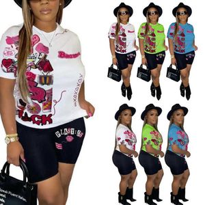 2023 Kvinnors modetryckt spåravisor Casual Two Piece Set Short Sleeve T-shirt Shorts Outfits Summer Jogging Sportwear