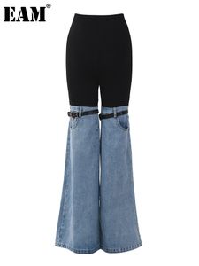 Women's Jeans EAM High Waist Blue Colorblock Denim Long Wide Leg Loose Women Trousers Fashion Spring Autumn 2023 1DF3897 230324