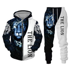 Autumn e Winter Men's Tracksuit 3D The Lion Print Zipper Capuzes Sorto Sweatshirts Conjunta