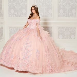 2024 Мексиканские розовые платья Quinceanera с объемной цветочной аппликацией и накидкой Vestidos XV Anos Sweet robe de soiree