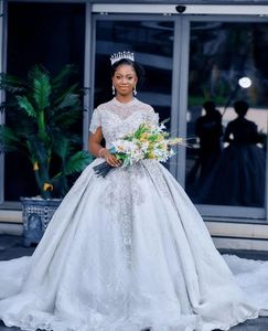 Luxury Ball Gown Wedding Dresses High Neck Cape Sleeves Sequins Appliques Diamonds Beaded Floor Length 3D Lace Ruffles Zipper Bridal Gowns Plus Size Vestido de novia