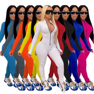 Kvinnors jumpsuits rompers stil kvinnor solid färg jumpsuit damer blixtlås front långärmad fitness rompers playsuits plus size bodysuit 230323