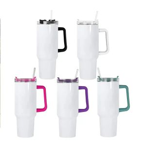 40oz sublimation stainless steel tumbler with colorful handle lid straw big capacity beer mug water bottle outdoor camping cup vacuum insulated tumblers Wholesale