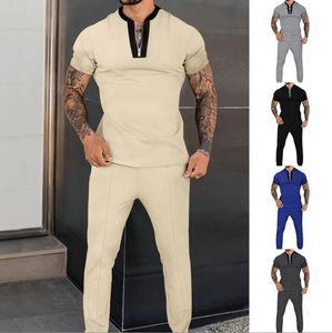 Herrespår 2023 Summer Mens Activewear Solid Color Short Sleeve Stand Collar Zip Polo Shirt Long Pants Set For Men Casual Streetwear
