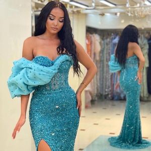 Sea Blue Off Shoulder Mermaid Prom Dresses Sequined Crystals Party Dresses Side Split Glitter Custom Made aftonklänning