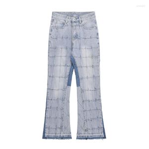 Men's Jeans European American High Street Washed Man Pleated Spliced Denim Full Length Wide Leg Flare Pants Four Seasons