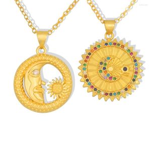 Correntes cor dourado sol e colar da lua mulher meio rosto redondo colares de moedas de moeda estrela cz zirconia jóias presentes de jóias collier soleil lune