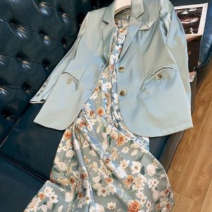 Two Piece Dress Blazer Set Elegant Fashion Two Suits Spring Autumn Fried Street Suit Jacket Floral Sling es 2 Sets 230324