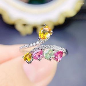 Cluster-Ringe, verstellbarer Ring, natürlicher echter bunter Turmalin, Citrin-Blume, 925er Sterlingsilber, 0,25 ct, 4 Stück, 0,5 ct, 1 Stück, Edelstein J22765