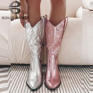 Boots Metallic Cowboy Boots Pink Western Cowgirls Boots For Women Pointed Toe Stacked Heeled Mid Calf Brand Design Embroideried Shoes 230324