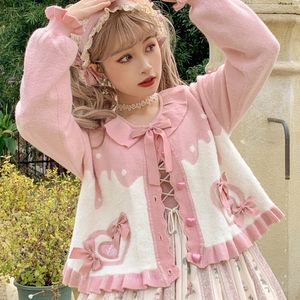 Kvinnors stickor Tees Japan Sweet Lolita Style Sticked Cardigan Women Kawaii O Neck Heart Shaped Button Sweaters Coat Cute Puff Long Sleeve Ytterkläder 230324