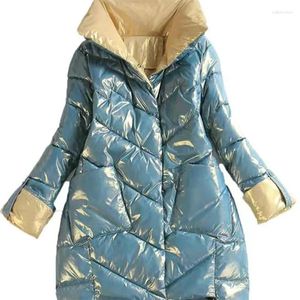 Kadın trençkotları stand-up yaka ceket 2023 Kadınlar orta uzunluğunda ince yastıklı ceket kadınlar kış parka parlak yüzü aşağı pamuklu pembe bayan
