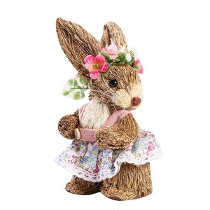 Decorative Objects Figurines Easter Straw Rabbit Ornament Creative Artificial Bunny Doll with Flower Wreath Apron Standing Figurine Holiday Party 230324