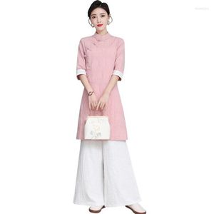 Etniska kläder Vietnam Aodai Chinese Styles Long Dress Qipao Cheongsam Traditionell Princess Chinoise Two Pieces Women Pants V1972