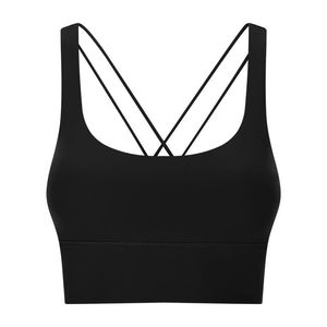 Lu Lu Lemon Double Cross Thin Straps stötsäkra Sports Bras Yoga Vest Soft Tank Tops samla andningsbara breddade hemunderkläder med avtagbara koppar