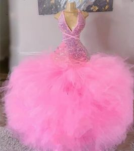 Glitzerndes rosa Tutu-Tüll-Meerjungfrau-Abschlussballkleid, sexy, rückenfrei, ärmellos, lange Brithday-Partykleider, afrikanische Pailletten-Abendgarderobe für schwarze Mädchen 2023