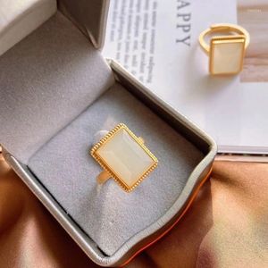 Cluster Rings Natural Hetian White Jade Geometric Square Opening Adjustable Ring Chinese Style Retro Unique Ancient Gold Craft Women's