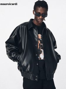 Herren Lederimitat Mauroicardi Herbst Lässige übergroße schwarze Pu-Jacke für Männer Stil Raglanärmel Umlegekragen Lose koreanische Mode 230324