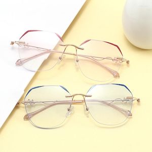 Ketten 032 Randlose Brille mit Perlglanz-Kristall, Anti-Blau-Schneidkante, flache Linse, schlichter Schönheitsspiegel