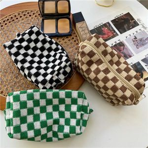 Checkerboard Grid Cosmetic Storage Bags Organizer Knitted Makeup Brush Holder Skincare Portable Pencil Bag