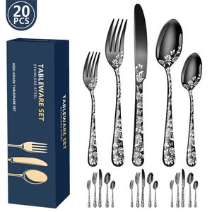 Flatware Cutlery Set 20pcs Silverware Flowered Printed Stainless Steel Tableware Set Knife/Fork/Spoon Utensil Kits