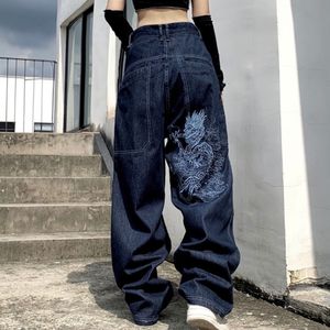 Dżinsy damskie American Retro Street luźne haftowane proste jean casual Allmatch Highwaist Mopping Wideleg spodni 230324