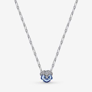 Blue Pansy Flower Pendant Necklace for Pandora Real Sterling Silver Wedding Party Jewelry For Women Girlfriend Gift designer Chain Necklaces with Original BOX