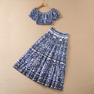 Spring Off Shoulder Two Piece Skirt Slash Neck Blue Paisley Print Cotton Top & High Waist Ankle-Length Suits 2 Pieces Set 22Q15Set