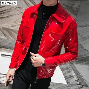 Men's Leather Faux Shinny Jacket for Punk Fashion Autumn Winter Red Black Singer Dance Club Party Stage Costume Bomber Coats 230324