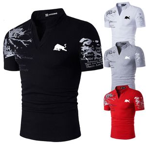 Herren-T-Shirts, modisches, kurzärmliges, schwarz-weißes Bull-Print-Polo-T-Shirt mit Stehkragen 230324