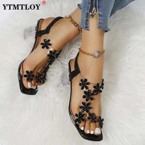 Sandaler Summer Women Sandaler PVC Crystal Flower Decoration Chunky Heel Peep Toe Back Strap Elastic Band Elegant Fashion Shoes Ladies 5 230322