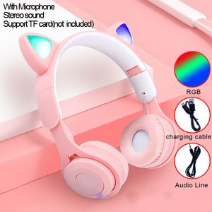 Mobiltelefonörlurar Flash Light Cute Cat Ears Trådlös hörlurar med Mic Control Led Kid Girl Stereo Music Helmet Bluetooth Headset Gift 230324