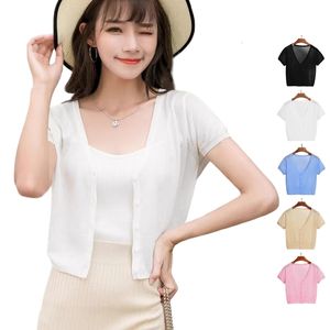 Women's Knits Tees Summer Cardigan For Women Short Sleeves Thin knitwears Top's Sweater jacket Ice Silk Korean Fashion blouse over fit 230324