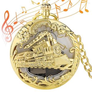 Orologi da tasca Orologio da polso con pendente musicale in oro di lusso con copertura del treno traforata Movimento musicale Orologio con quadrante con numeri romani Regalo