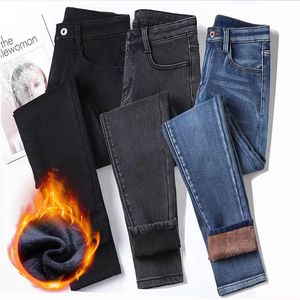 Damen-Jeans mit hoher Taille, Thermo-Jeans, Winter, warm, dehnbar, mit Fleece gefüttert, Denim-Hosen, Leggings, blau, schwarz, weiblich, schmale Hose 230324