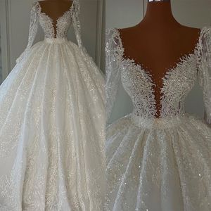 Gorgeous Ball Gown Wedding Dresses V-neck Sequins Beads Long Sleeves Applicants Pearls Backless Court Gown Pleats Custom Made Bridal Gown Plus Size Vestidos De Novia