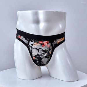 Underbyxor tryckt blommig thong man transparenta män underkläder sexig se genom spets kort mini bikini homme erotisk sexbyxa