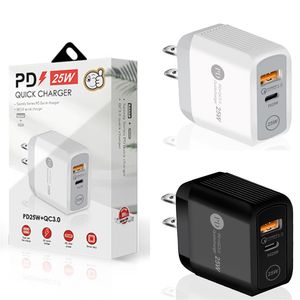 25W AC Quick Charge QC3.0 PD 충전기 USB 유형 C 휴대폰 벽 충전기 iPhone 용 Samsung EU UK 미국 플러그 듀얼 포트 빠른 충전기