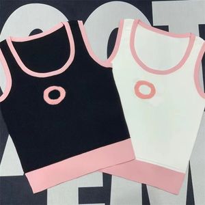 Damen-Strick-Tanktops, Camis, Schwarz, Rosa, schlichter bestickter Buchstabe, Rundhalsausschnitt, Abdeckung, Bauch, ärmellose Oberteile, modische Strickweste, Strickwaren