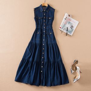 Spring Lapel Neck Denim Panelled Dress Blue Solid Color Sleeveless Pockets Single-Breasted Casual Dresses S2O080114