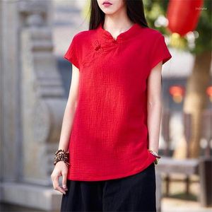 Camicette da donna Donna Estate Manica corta Cotone Lino Sciolto Blusa Feminina Top Moda Tinta unita Camicie stile cinese