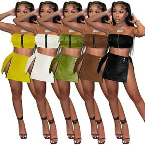 2023 Fashion Women Two Piece Dress Crop Top PU Leather Zipper Belt Slit 2 Piece Skirt Set Sexy Outfits