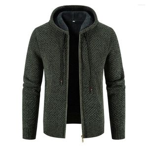 Men's Sweaters 2023 Winter Coat Men Cardigan Zipper Closure Solid Color Long Sleeves Drawstring With Hat Keep Warm Casual Thicken Plush