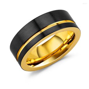 Wedding Rings Fashion 8MM Men's Black Gold Color Stainless Steel Ring Beveled Edge Inlay Purple Carbon Fibre Men Band Jewelry